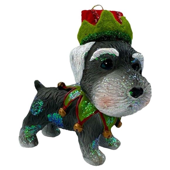 Schnauzer Dog Christmas Ornament - Wearing Santa Elf Hat & Collar - Picture 1 of 12